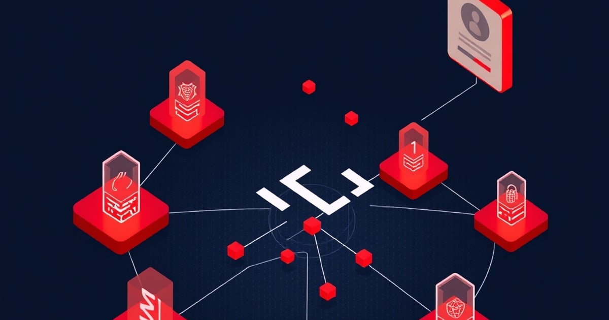 Isometric view of LLM application architecture showing prompt injection, supply-chain, and guardrail threat vectors